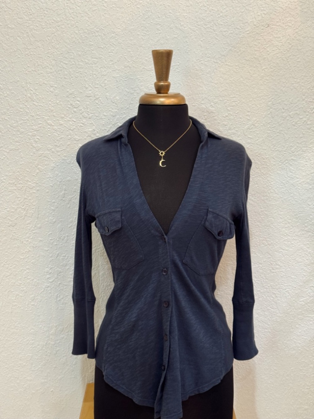 Katie Brown Navy Button Front Knit Shirt Size 2 4